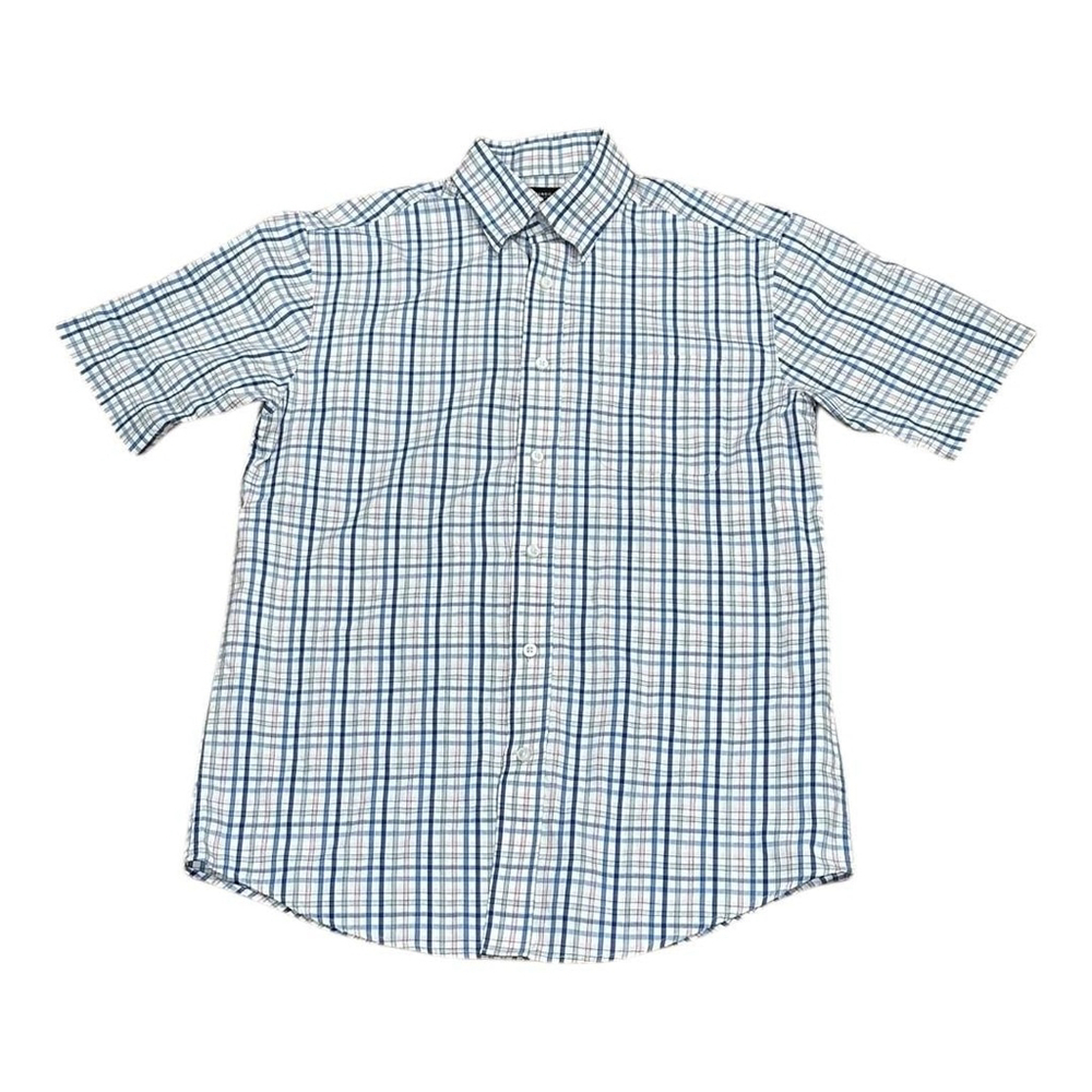 Haggar Shirt Mens Small Blue Pink Plaid Short Sleeve Button Front Casual Summer